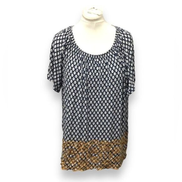 Fever Women’s Short Sleeve Elastic Collar Geometric Tunic, Navy, size 1X - Picture 1 of 8